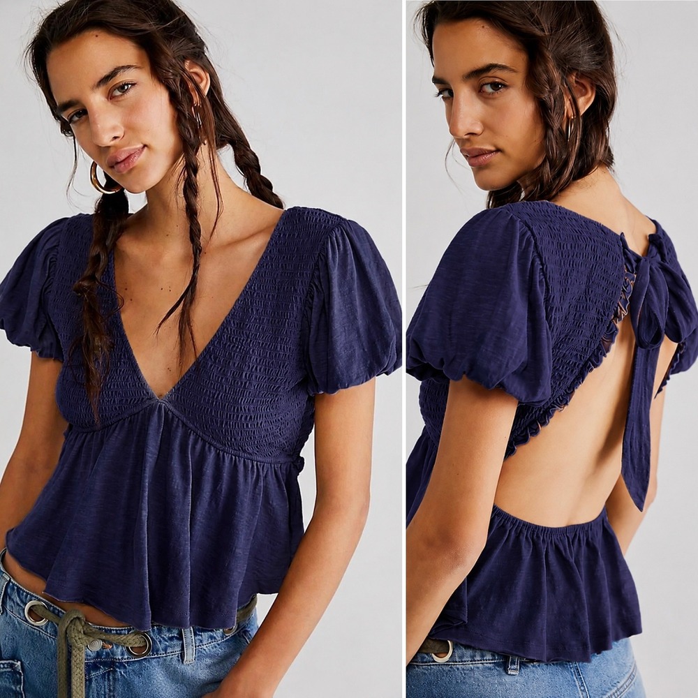 Free People Charlotte Navy Blue Smocked Tie Back Puff Sleeve Top Size Small